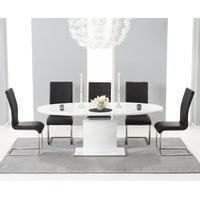 Santana 160cm White High Gloss Extending Pedestal Dining Table with Black Malaga Chairs