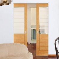 Salvador White Oak Syntesis Double Pocket Door with Sandblasted Etched Safety Glass