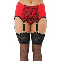 Sassy 6 Strap Lace Front Red Suspender Belt With Thong Brief