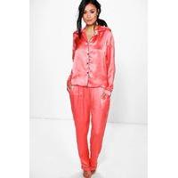 Satin Button Through Shirt And Trouser Set - coral