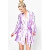 Satin Unicorn Print Kimono Robe - purple