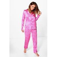 Satin Heart Print Long Sleeve Trouser Set - pink