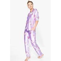 Satin Unicorn Print Button Down Trouser Set - purple