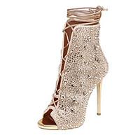 Sandals Summer Gladiator Fleece Wedding Office Career Party Evening Dress Casual Stiletto Heel Rhinestone Lace-up Silver Gold