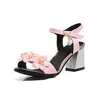 Sandals Spring Summer Fall Club Shoes Patent Leather Office Career Dress Casual Chunky Heel Rhinestone Buckle Flower Black Pink White