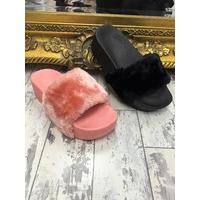 savia faux fur wedge sliders