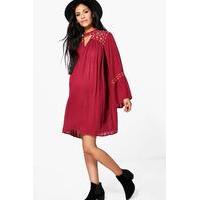 Sally Boutique Embroidered Wide Sleeve Swing Dress - wine