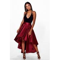 satin dipped hem full maxi skirt merlot