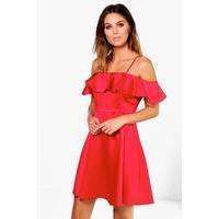 Satin Off The Shoulder Frill Skater Dress - red