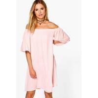 Satin Off The Shoulder Shift Dress - blush