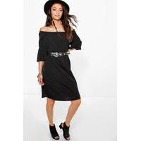 sally longline off the shoulder tunic woven dress black