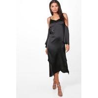 satin flared asymmetric slip dress black