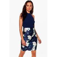 Satin Floral Sleeveless Belted Dress - navy