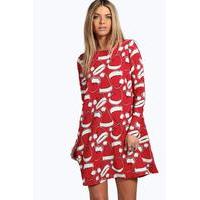 Santa Hat Printed Swing Christmas Dress - red