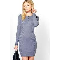 Sara Button Front Rib Knit Bodycon Dress - smoke