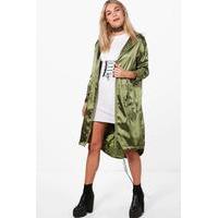 satin longline eyelet detail parka khaki