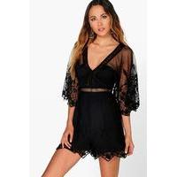 Sandy Crochet Wide Sleeve Playsuit - black