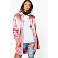 savina premium satin long line zip bomber pink