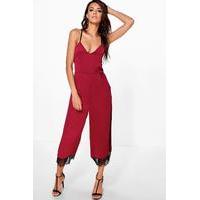 Satin Strappy Lace Hem Culotte Jumpsuit - berry