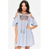 Savanna Blue Striped Cold Shoulder Embroidered Dress