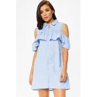 sadey blue striped cold shoulder zip dress