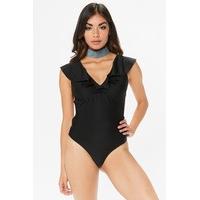 Sandra Black Frill Cross Back Bodysuit