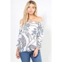 Sandra Paisley Print 3/4 Sleeves Off The Shoulder Top