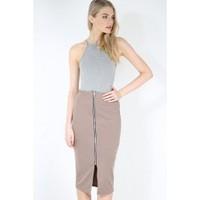 sara front zip split pencil midi skirt