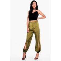 Satin Split Leg Luxe Woven Joggers - khaki