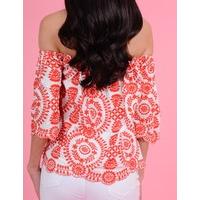 SADIE - Red and White Embroidered Off-shoulder Top