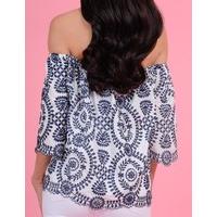 SADIE - Navy Blue and White Embroidered Off-shoulder Top