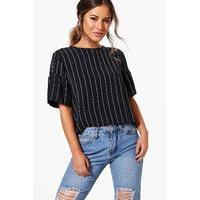 Sara Stripe Crop Puffball Sleeve Shell Top - navy