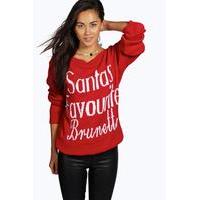 Santa\'s Favourite Brunette Slash Neck Christmas Jumper - red