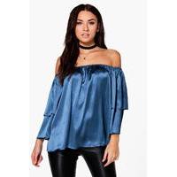 Satin Ruffle Off The Shoulder Top - midnight