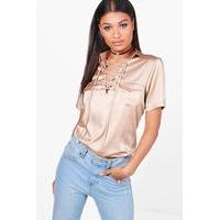 Satin Pocket Lace Up Shirt - light sand