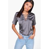 Satin Pocket Lace Up Shirt - grey