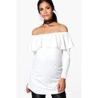 Sarah Off The Shoulder Ruffle Ribbed Top - white