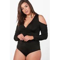 Saskia Open Shoulder Ruched Bodysuit - black