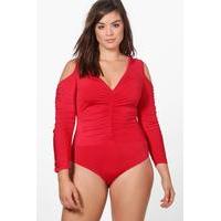 Saskia Open Shoulder Ruched Bodysuit - red