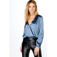 Satin Plunge Neck Blouse - navy