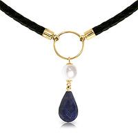 sapphire and pearl leather pendant necklace 108ctw in 9ct gold