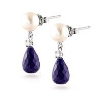 Sapphire, Diamond and Pearl Drop Earrings 8.6ctw in 9ct White Gold