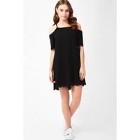 SCALLOP CUTOUT CREPE SWING DRESS