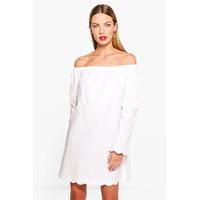 Scalloped Cotton Off Shoulder Dress - white