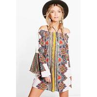 scarf print off the shoulder dress multi