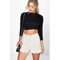 scalloped hem high waisted shorts stone