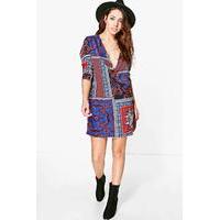 Scarf Print Wrap Shirt Dress - multi