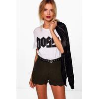 Scalloped Hem High Waisted Shorts - moss