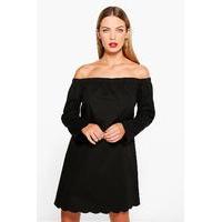 scalloped cotton off shoulder dress black