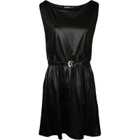 Scarlett Wet Look Belted Skater Dress - Black